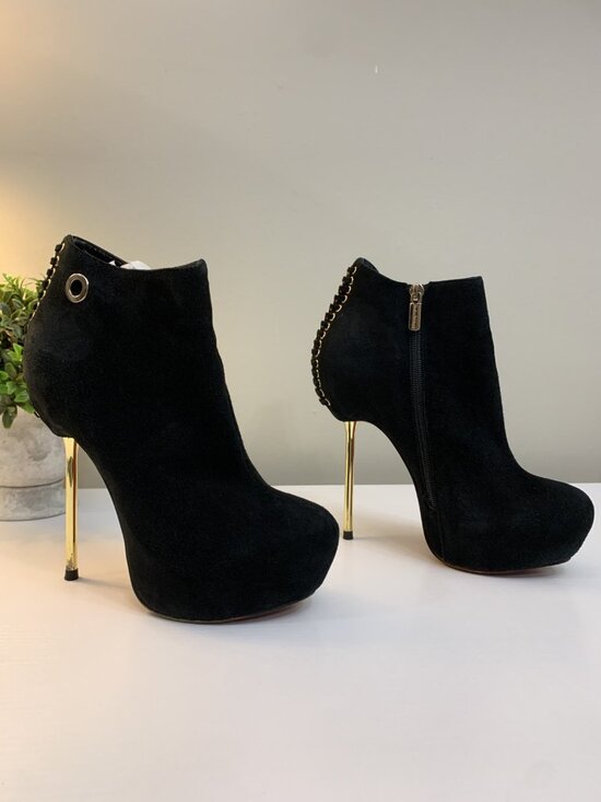 Fabiani Shoes - Sasha Fabiani Black Suede Platform Gold Stiletto Booties Gently Used US8.5/EU39